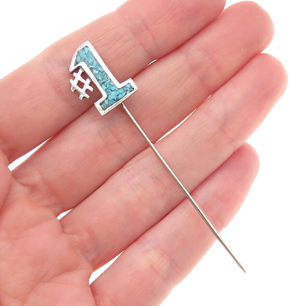 Old Pawn 925 Sterling Silver Vintage Turquoise Inlay Number 1 Tribal Lapel Pin
